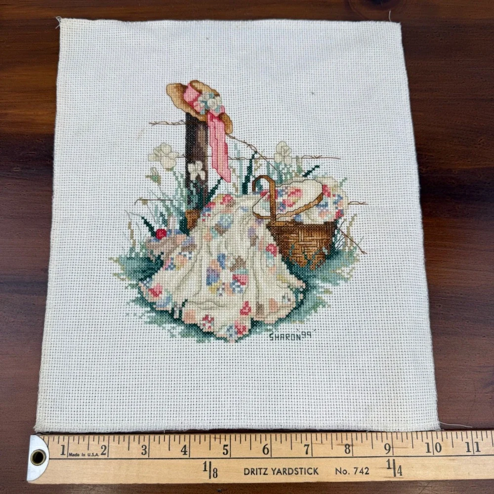 Vintage Sharon 99 Hand Stitched Cross Stitch Cottagecore Quilt Picnic Scene Art